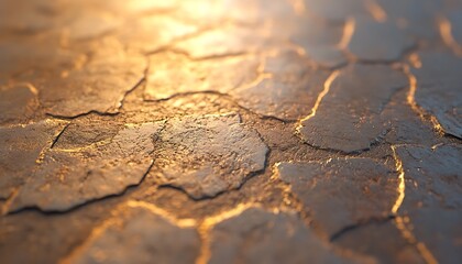 Obraz premium A textured surface showing cracking patterns illuminated by warm light, creating a visually striking effect.