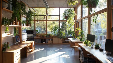 Bright modern workspace with plants and natural light creating a vibrant office atmosphere