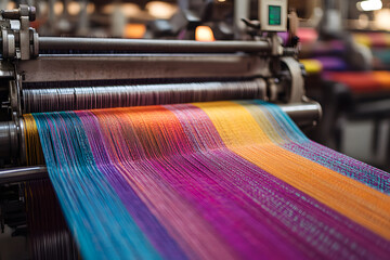 Textile weaving machines producing fabric in a modern textile mill, textile production, fabric manufacturin