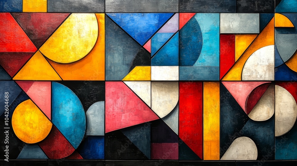 Poster This vibrant mural displays an intricate arrangement of geometric shapes and colors. It adds a lively touch to the surrounding urban environment, attracting attention from passersby.