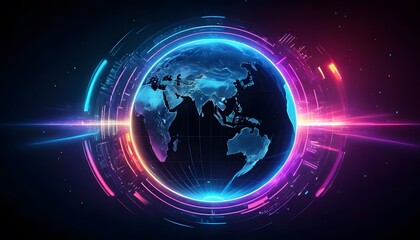 Obraz premium Digital Radiance: The Future of Connectivity This image showcases a radiant, futuristic Earth enveloped by dynamic neon light waves and digital elements, symbolizing global connectivity. 