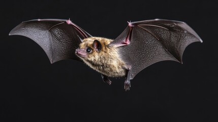 Obraz premium A close-up of a bat in flight, showcasing its wings and fur against a dark background.