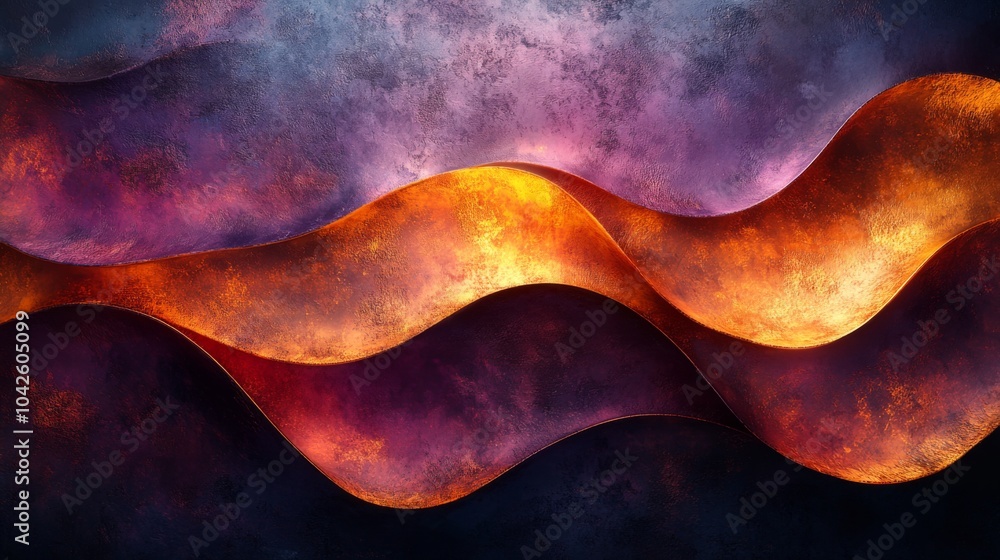 Poster An abstract composition features flowing waves of intense colors, blending fiery oranges and purples against a dark backdrop. The textures create depth and evoke movement.