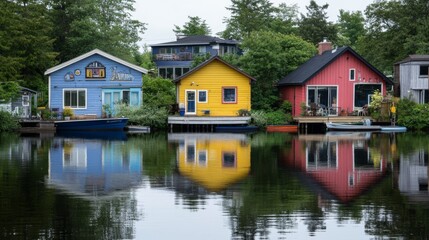 Obraz premium Vibrant Coastal Properties Reflecting in Tranquil Water