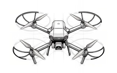A detailed line drawing of a drone with propellers and a camera.