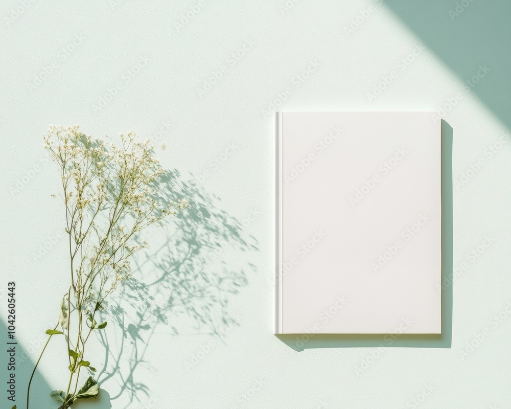 Poster Minimalistic Mockup of Blank Book on Light Background with Delicate Floral Element