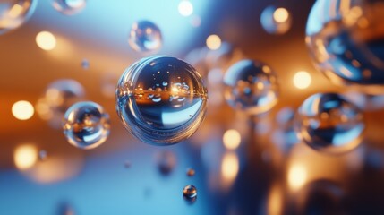 Abstract 3D rendering of shiny water drops floating in air with blurred lights