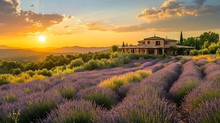 Vibrant sunset over a field of lavender with a luxurious villa in the distance inviting relaxation and appreciation of nature