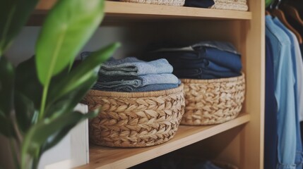 Organized Closet with Natural Aesthetics and Woven Baskets