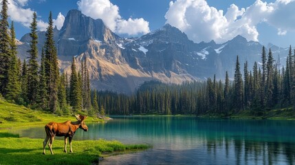 Moose standing by a lake with mountains in the background.