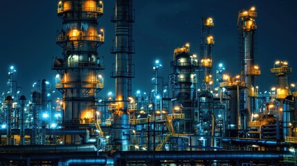 Fototapeta premium Nighttime Scene of a Brightly Lit Refinery