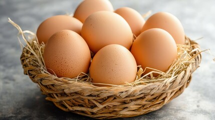 Fresh Organic Brown Eggs in a Woven Basket