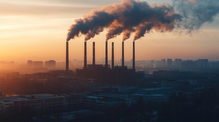 Industrial smokestacks emitting pollution during sunset in an urban landscape.