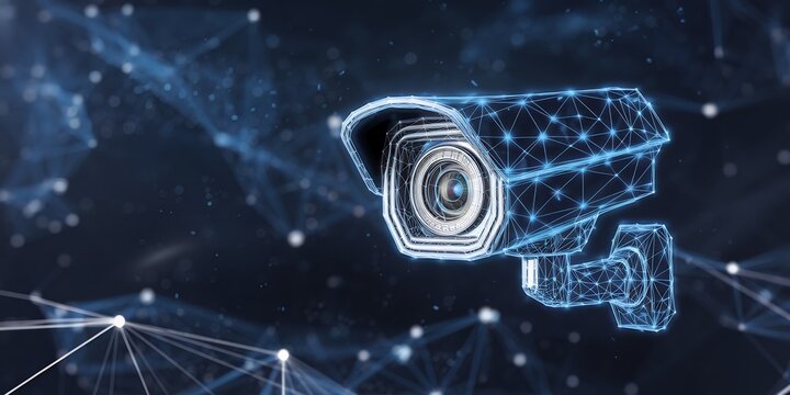 A security camera with a futuristic, digital design. It's composed of glowing blue lines and dots, representing modern technology.