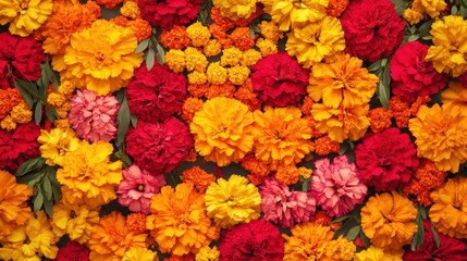 Vibrant Colorful Floral Background Texture with Marigold and Carnation Blooms