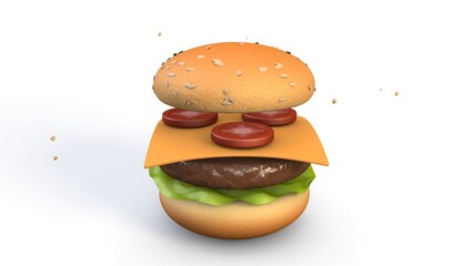 A visually appealing 3D burger with sesame seed bun, lettuce, a beef patty, cheddar cheese, and sliced tomatoes, floating in layers. The white background emphasizes the vibrant burger components.