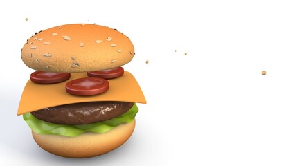 A visually appealing 3D burger with sesame seed bun, lettuce, a beef patty, cheddar cheese, and sliced tomatoes, floating in layers. The white background emphasizes the vibrant burger components.