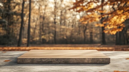A wooden platform in a serene autumn forest setting, ideal for presentations or displays.