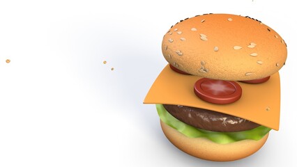 A visually appealing 3D burger with sesame seed bun, lettuce, a beef patty, cheddar cheese, and sliced tomatoes, floating in layers. The white background emphasizes the vibrant burger components.