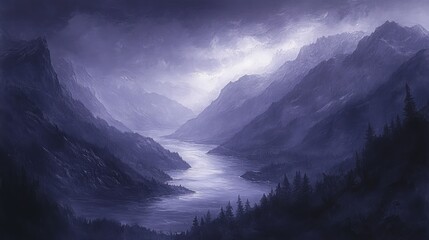 A winding river flows through a majestic mountain valley, shrouded in mist and bathed in soft, purple light.