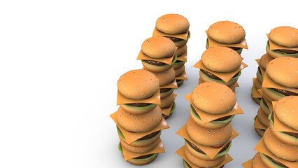 A collection of 3D cheeseburgers with sesame seed buns, beef patties, cheddar cheese, lettuce, and tomato slices, arranged in a neat formation. The white background emphasizes the burger details.