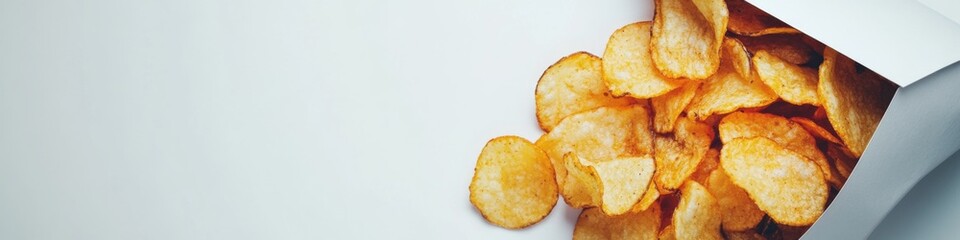 Paper bag of potato chips. Beer snacks, sauce on cutting board, on white wooden background, space for text. Closeup