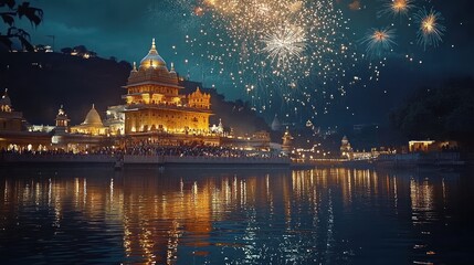 Obraz premium Festival Celebration at Temple with Fireworks Display