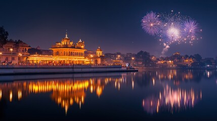 Obraz premium Night View of City Palace with Fireworks Display