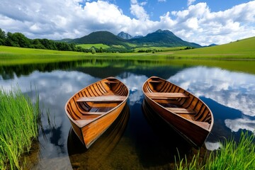 Fototapeta premium A peaceful lakeside scene in southeastern Poland, with wooden fishing boats moored by the shore and rolling hills in the background
