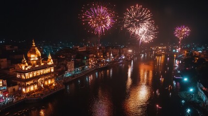 Festive Fireworks Over Cityscape at Night