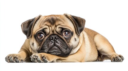 Obraz premium A cute pug dog lying down with a sad expression on a white background.