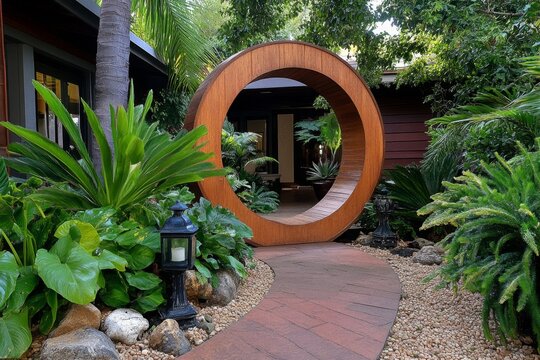 A view through a moon gate in the garden, revealing a tranquil courtyard with traditional lanterns and stone carvings