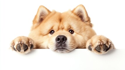 Fototapeta premium A fluffy dog peeks over a surface, showcasing its adorable expression.