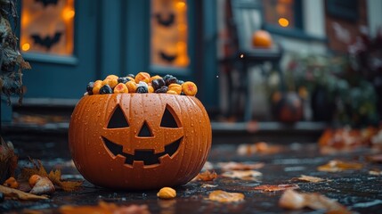 A festive pumpkin with colorful treats, set in a cozy autumn scene.