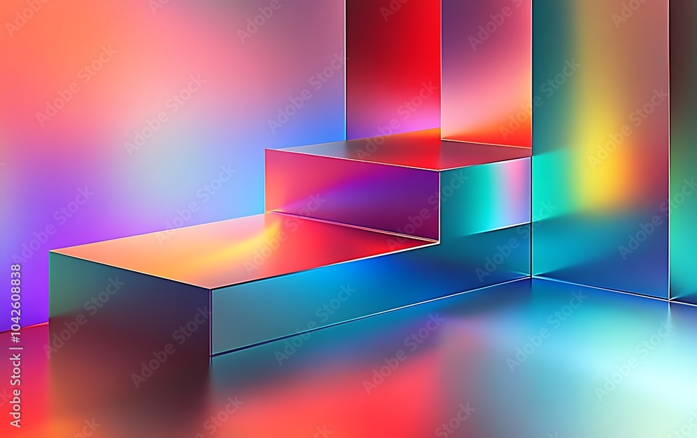 Leinwandbilder a vibrant abstract scene with illuminated geometric shapes reflecting colorful lights in a gradient 