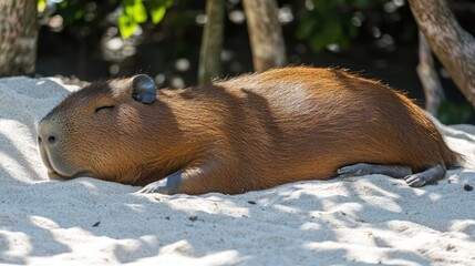 A capybara peacefully resting on sandy ground under dappled sunlight.