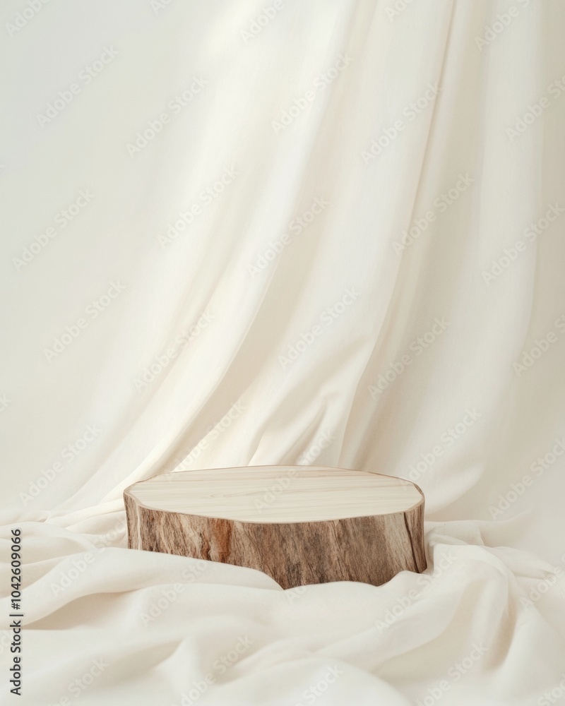 Poster minimalist wooden podium on cream fabric background with soft wind effect