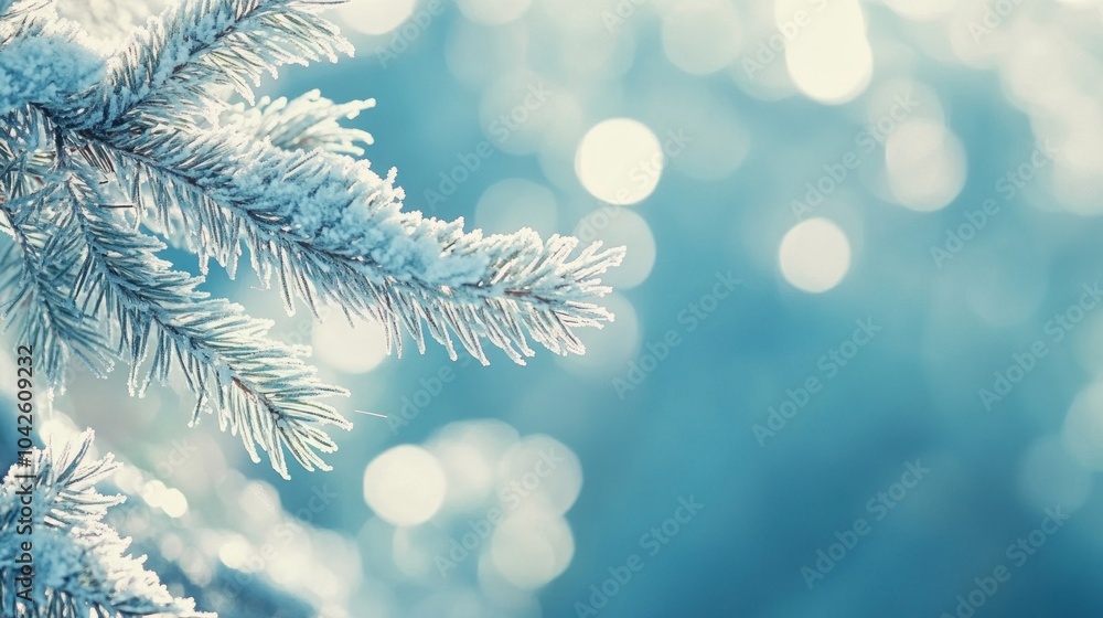 Poster frost-covered pine branch against a soft blue background with bokeh effect.