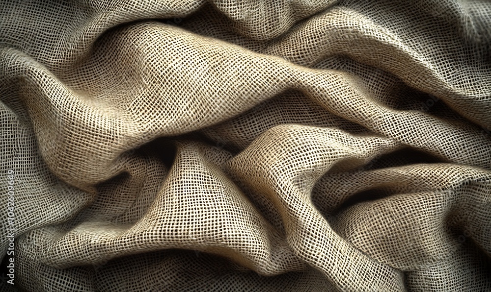 Poster a close-up view of crumpled fabric showcasing intricate textures and folds in neutral tones.