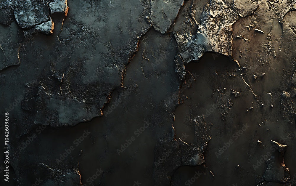 Poster a textured surface featuring peeling paint in dark colors with hints of rust, creating an abstract a