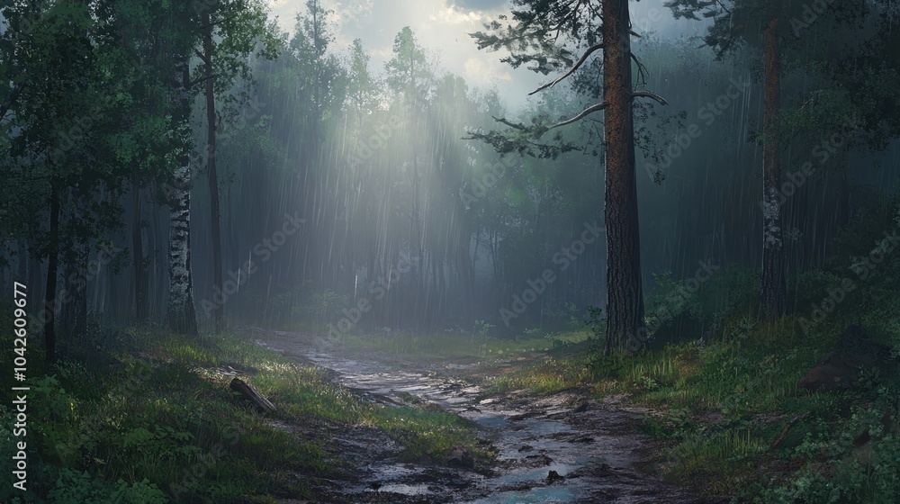 Poster a serene forest scene with mist and sunlight filtering through trees, creating a tranquil atmosphere
