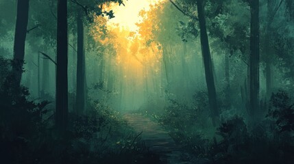 Fototapeta premium A serene forest scene illuminated by soft sunlight filtering through the trees.