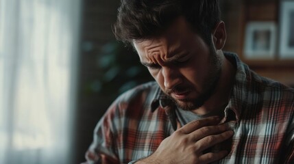 A man in distress, holding his chest, conveying a sense of worry or discomfort.