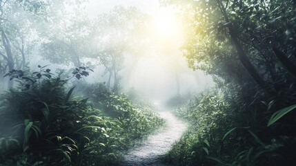 Obraz premium A serene forest path illuminated by soft sunlight through misty foliage.
