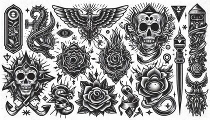 set of design tattoo sketch engraving. raster illustration. Scratch board imitation. Black and white image.