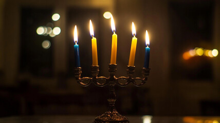 Hanukkah menorah with lit candles in a warm, cozy room during the holiday celebration