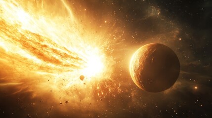 Obraz premium A comet impacting a gas giant planet, bright shockwave and explosion, detailed comet and planet textures, vivid cosmic lighting, 32K resolution