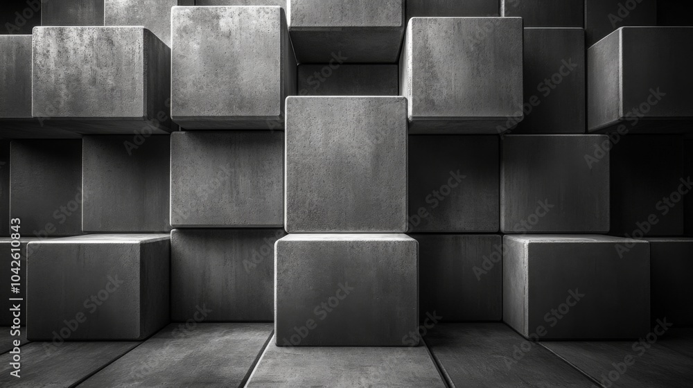 Aufkleber A collection of gray concrete blocks is arranged in a captivating pattern, creating an abstract and modern aesthetic that emphasizes texture and structure.