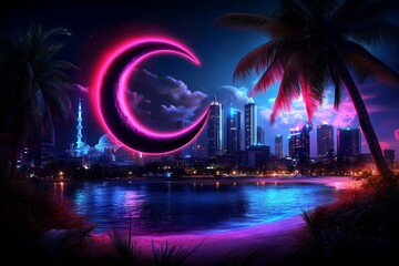 Fototapeta premium Cyberpunk crescent moon and mosque scene, with glowing digital elements and vibrant neon colors creating a modern Ramadan atmosphere