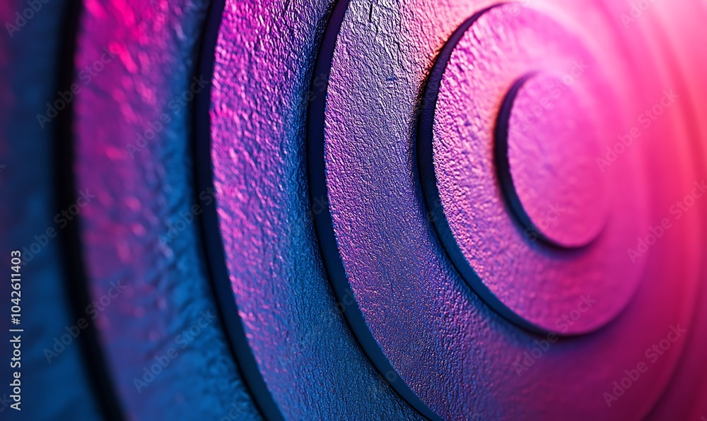 Poster A vibrant close-up of concentric circles, showcasing a textured surface with gradient hues of pink, purple, and blue, creating a visually captivating design.